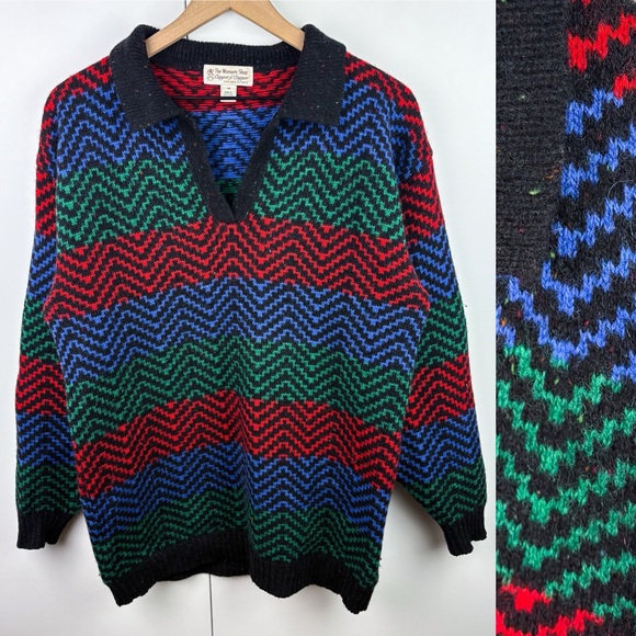 Vintage Sweaters - Vintage 100% Wool Collared Red Blue Green Chevron Zig Zag Striped V Neck Sweater